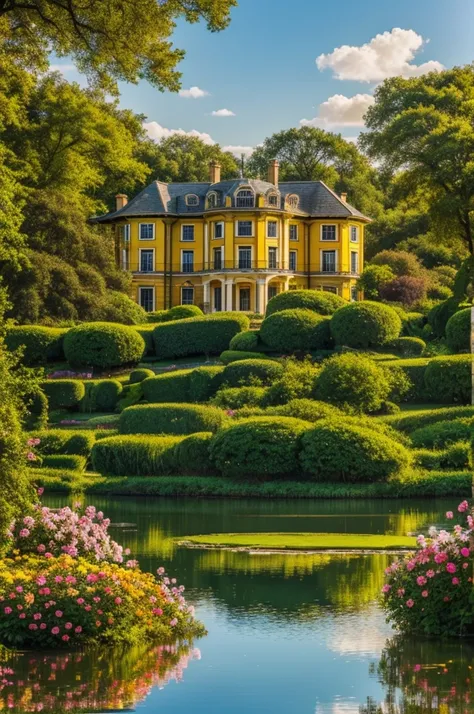 A mansion and a large forest full of flowers and a lake with ducks and at the entrance a wall of gold and the sky shines 