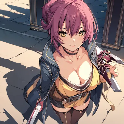 (masterpiece),(best quality),(ultra-detailed),(best illustration),(best shadow),(absurdres),(detailed background),(very aesthetic),sara valestein, sen12, 1girl, weapon, solo, sword, breasts, cleavage, smile, yellow eyes, thighhighs, choker, belt, holding, 