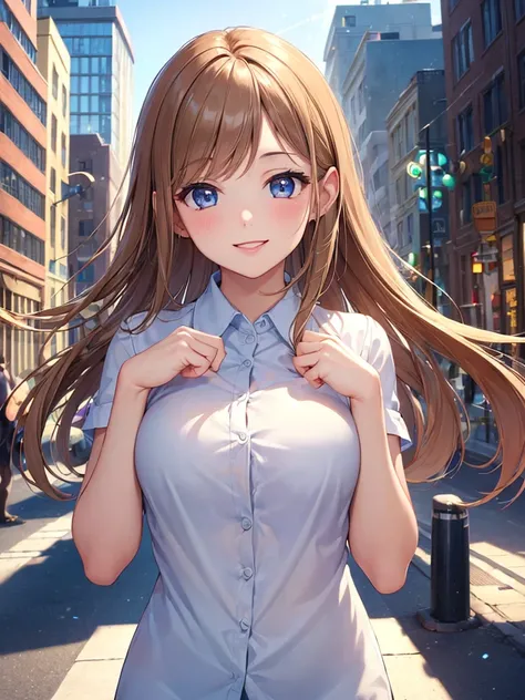 (masterpiece:1.5),(Beat quality),(high res),1girl solo,beautiful face,smile(shining eyes),upper body,light effects,Office Lady,In the city during the day