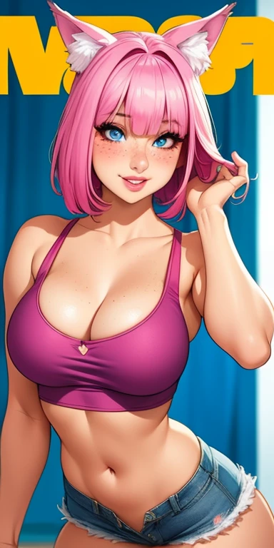 Beautiful round medium breasts, 1girl, ((Neon magenta hair, bangs cover the eyes)) ((wolf girl, cute girl face)) light blue eyes, has an beautiful sensual body with freckles, with Beautiful breasts and thin waist, HIP HOP Beautiful and cute Denim shorts, b...