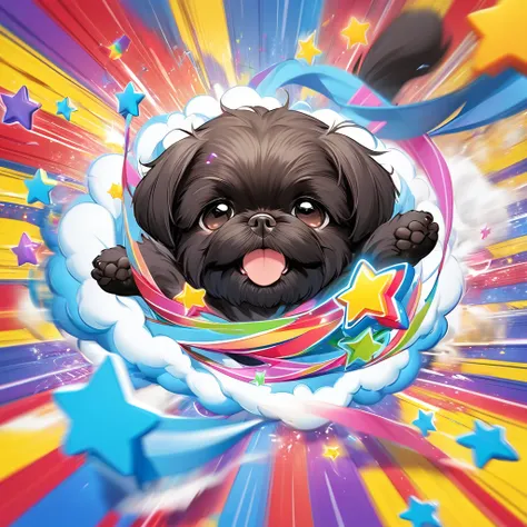 Ultra-small deformation,pop art, (from above), A black Shih Tzu puppy is curling up in the air, surrounded colorful ribbons and particles shaped star, falling through the air, lie on back spreading arms and legs wide, close up happily expression toward the...