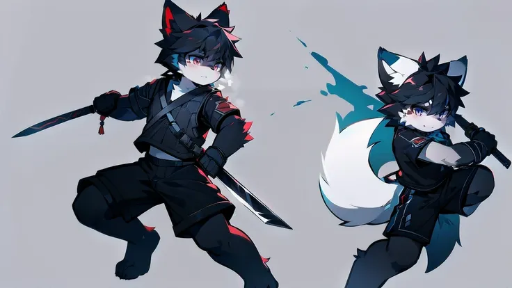 White Wolf，black hair，Red eyes，Wolf ears，Wolf Tail，juvenile，male，hairy，Hair，Half body armor，Combat uniform，Silver and black clothing，Handsome，Handsome，shorts，The forearm is exposed，leg，Fighting Stance，Duel，Two people，Anxious，Armed with a sword，Simple backg...