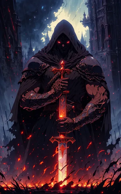 A black man knight holding a sword in a castle, Symbolism, retro anime, textured (best quality, ultra-detailed, realistic:1.37), vibrant colors, dramatic lighting, moody atmosphere, towering gothic architecture, swirling mist, intricate engravings, weather...