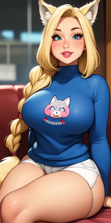 Beautiful round medium breasts, 1girl, ((Blonde hair with beautiful long braid)) ((wolf girl, cute girl face)) light  eyes, has an beautiful sensual body with freckles, with full breasts and thin waist, HIP HOP Beautiful and cute sweatshirt with zip, cute ...