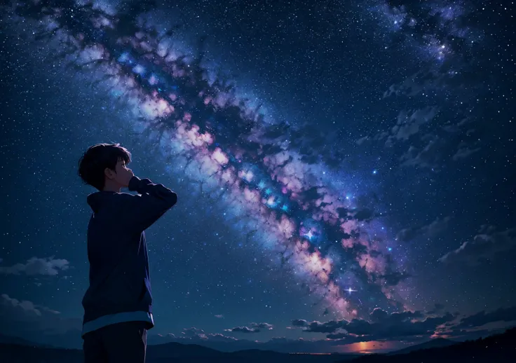 A boy looking at the night sky, where the large Milky Way galaxy is visible in a purplish blue color that stretches along the horizon. A distant shot. cinematic. wide angle. 4K.