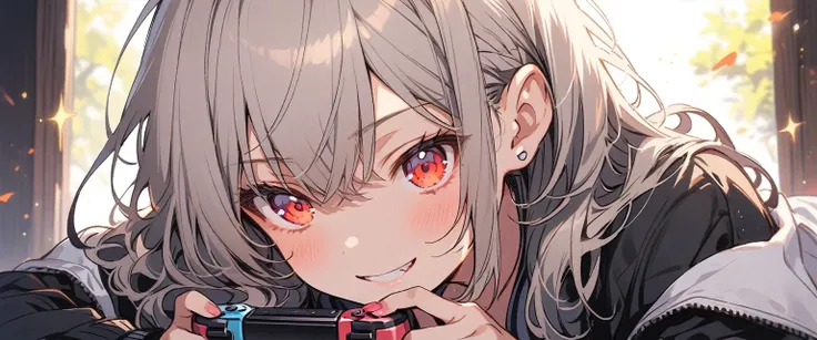 a girl with grey hair and red eyes,playing video games