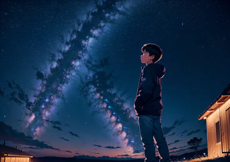 A boy looking at the night sky, where the large Milky Way galaxy is visible in a purplish blue color that stretches along the horizon. A distant shot. cinematic. wide angle. 4K.