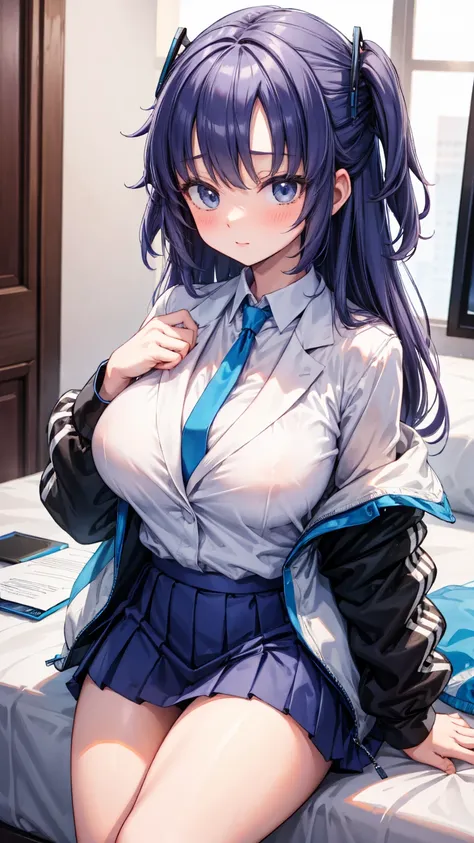 best illustrations、delicate、huge breasts wrapped in a shirt、thick thighs、hotel rooms、jacket、tie、tight mini skirt