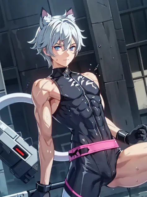 ((Fine details)), Best Shadow,Cinema Lighting,Highest quality,((Very detailed))　masterpiece　Embarrassing　Gray Hair　Electricity began　get wet　Big eyes　thin　The suit was torn　Upper body naked　sweating　Delicate body　High saturation　Muscular young man　Ryona　Hu...