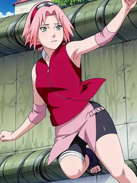 Sakura Haruno nude,wide hips,abdomen,sexy ,Show your armpits,jump,On the tree,IPST, naked,Torn shirt,blushing,sexually aroused, In the forest,open shirt,nipple,pink nipples,full body