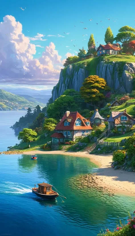 
Painting of a house on a hill and a boat on the water, Digital Painting by Arthur Pang, Shutterstock, Fantasy art, idyllic cottage, Detailed painting 4k, Anime countryside landscape, Beautiful digital painting, Highly detailed digital painting, Beautiful ...