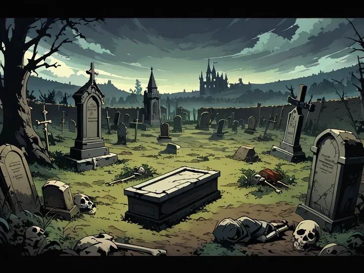 graveyard(Medieval Europe)，Full of weeds and dead wood，Spooky environment，tombstone，coffin，Bones，Corpse，night。Mid-ground composition，Panorama pictures，Scene screen，Game concept art style，Anime illustration style，HD，4K。