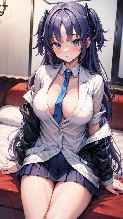 best illustrations、delicate、huge breasts wrapped in a shirt、thick thighs、love hotel room、jacket、tie、tight mini skirt