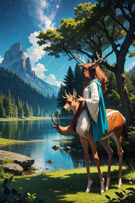 Fantasy Forest, lake, , deer, full length, difficult,  side view, The head is turned towards the viewer, the stars shine on the horns