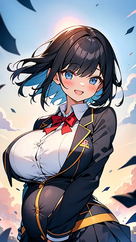 huge breasts,breasts clothes,silhouette,ultra large school blazer uniform,(short hair,black hair),loose-fitting blouse,Sporty aura,
happy laughter,energetic for nothing,Excessive youth,pregnant high school girl,slender body,