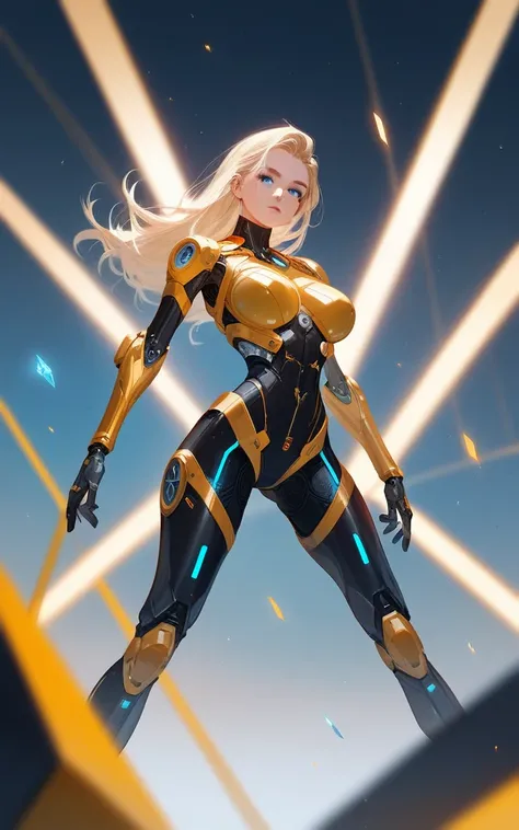 girl, golden ultron suit, blonde, blue eyes, Hyper Realistic, masterpiece