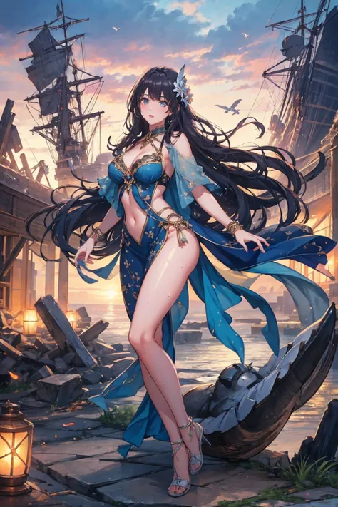 Fantastic Island,Ruins of an ancient civilization,Flying Ship,Flying Whale,flying fairy,(Highest quality,Extremely detailed depiction,Incredible high resolution,Anatomically accurate depiction,Nice hands, Perfect Fingers,Curvy Legs),(Glowing Skin,Glowing S...