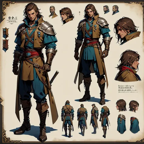 Close-up of a man in a Assasins Creed costume, ((character concept art)), ((Character design sheet, same character, on front, from on the side, At the back)) Character image, Medieval game character design, Medieval game character design, hair color: Brown...