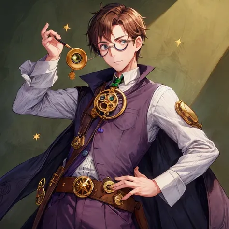 guy, turned to the camera with his left shoulder, brown hair, green eyes, monocle on his left eye, blue mantle, one sleeve rolled up to the elbow, gray shirt under the mantle, brown belt belt, gold bar, monocle, in his hands a small purple star