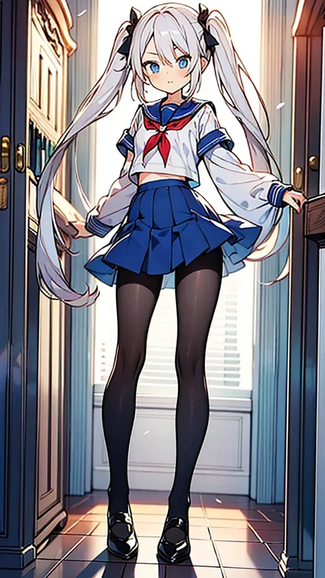 Super skillful anime style illustration,hairstyle with high-forehead,white hair,twintail hair,blue eyes,
school sailor uniform with black pantyhose,Short stature disproportionate to age,13yo and 120cm,