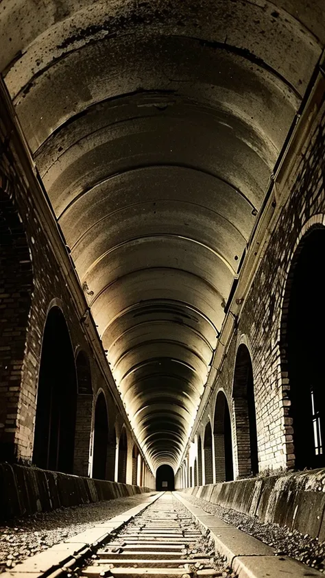 Super wide angle of view, dark very old tunnel, eerie and scary, water in the ground.