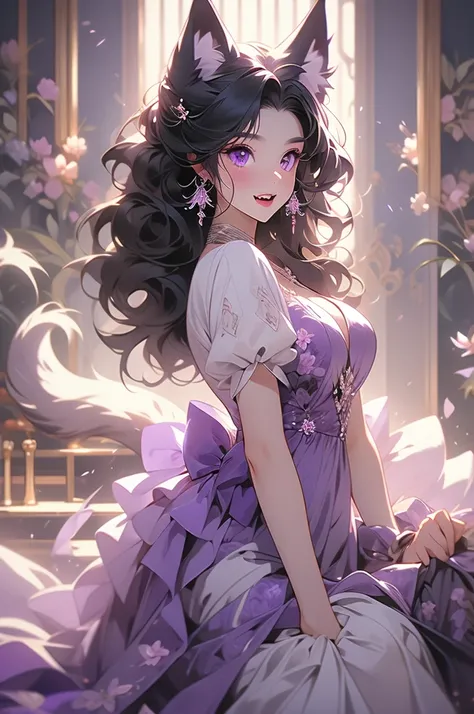 wolf ears, wolf tail, black hair, purple eyes, voluptuous, floral dress, preparing to pounce, teeth, fangs