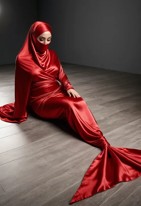 a sexy a woman covered in red satin cloth, mummified in satin, tied tight in satin, shape like mermaid gown, tight in leg, wearing a satin hijab, the satin is very long, forming the curve of the body,dramatic flowy satin,strugle to move,full body, wear hig...