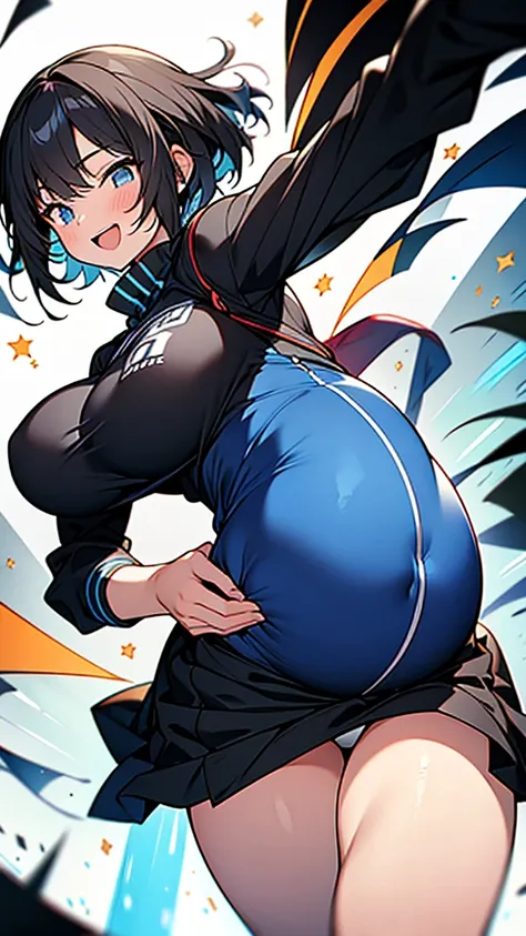 huge breasts,breasts clothes,silhouette,(short hair,black hair),Sporty aura,
happy laughter,energetic for nothing,Excessive youth,pregnant high school girl,slender body,