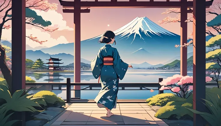 Woman in kimono,The background is a Japanese garden and Mt. Fuji、 Wide-angle lens, Lofi Anime, Lofi illustration, Aesthetic atmosphere, Lo-Fi Style, Vector art, Flat Design, Simple shape, Warm tones, Pleasant atmosphere, Chill, In anime style, Digital draw...