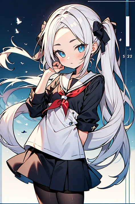 Super skillful anime style illustration,hairstyle with high-forehead,white hair,twintail hair,blue eyes,
school sailor uniform with black pantyhose,Short stature disproportionate to age,13yo and 120cm,