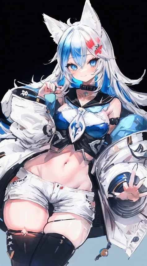 an illustration of an anime style drawing of a white fox girl in tight shorts, animal ears, skindentation, 1girl, tail, solo, blue eyes, thighhighs, navel, smile, thighs, blue hair, fox tail, collar, hair ornament, midriff, clothing cutout, thigh strap, lo...