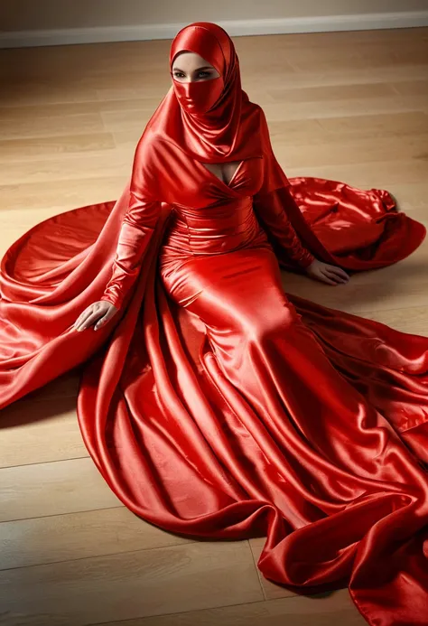 a sexy a woman covered in red satin cloth, mummified in satin, tied tight in satin, shape like mermaid gown, tight in leg, wearing a satin hijab, the satin is very long, forming the curve of the body,dramatic flowy satin,strugle to move,full body, wear hig...