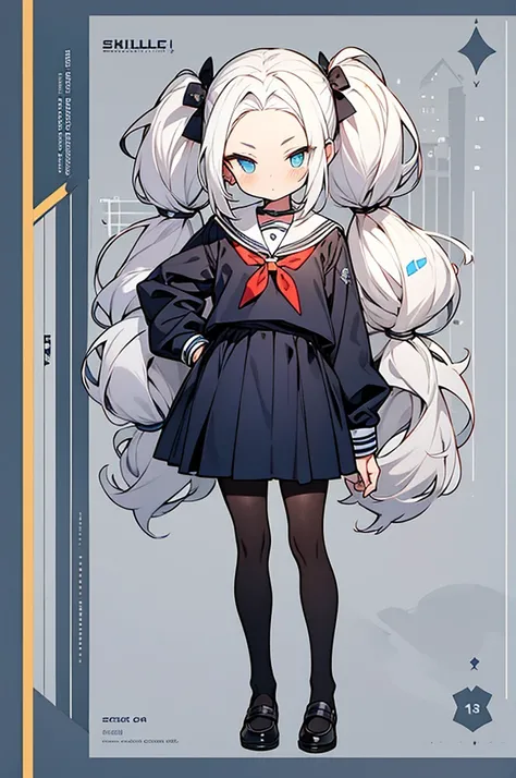 Super skillful anime style illustration,hairstyle with high-forehead,white hair,twintail hair,blue eyes,
school sailor uniform with black pantyhose,Short stature disproportionate to age,13yo and 120cm,