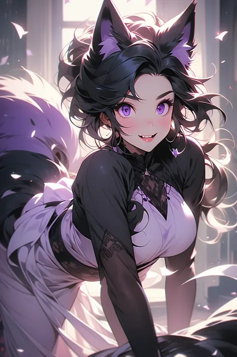 wolf ears, wolf tail, black hair, purple eyes, voluptuous, short black dress, preparing to pounce, teeth, fangs, black fur, canines