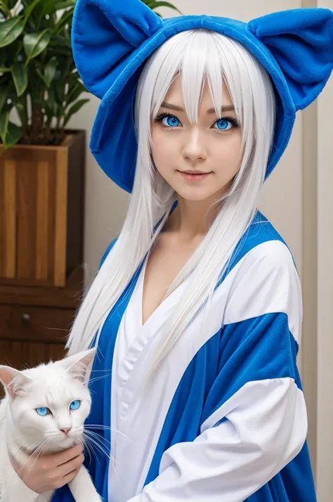 Uka anime girl , White hair , blue eyes, with a cat costume 