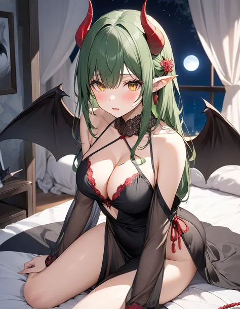 (nsfw)、high resolution、High definition、Fantasy、One Woman、Slim, small butt, large breasts、Golden eyes、BRAKE 、[dark green hair:scarlet hair:0.5]、BRAKE、Pointed Ears、Fair skin、BRAKE、((Sitting in my bedroom playing with my white cat))、BRAKE、(Horns behind ears, ...