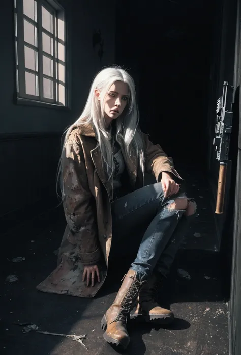 (suspense scene ((CONCEPT ART)), extremely detailed with a girl wearing jeans with brown coat and boots), (better lighting, better shadow, an extremely delicate and scary), (digital illustration), ((4k painting)), [(dynamic angle,((1girl)),white hair, (bea...