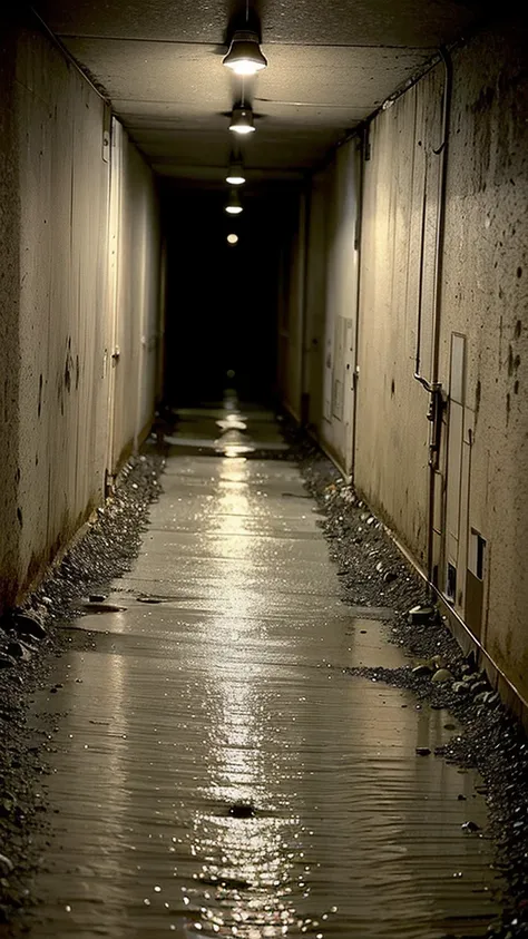 wide angle of view, very old tunnel, eerie and scary, water on the ground.