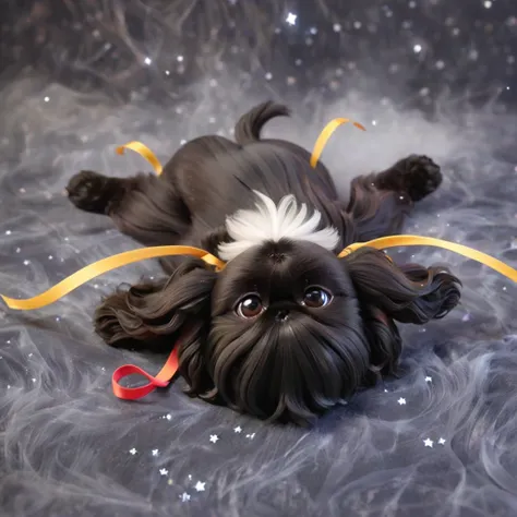 ultra-small deformation,pop art, (from above), a black shih tzu puppy is curling up in the air, cloud back ground, surrounded co...