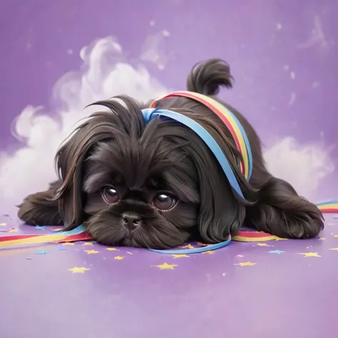 ultra-small deformation,pop art, (from above), a black shih tzu puppy is curling up in the air, cloud back ground, surrounded co...