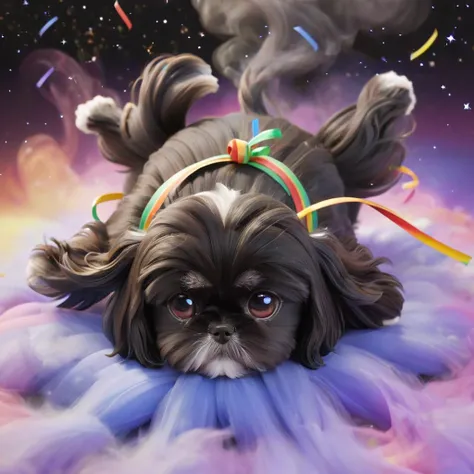 Ultra-small deformation,pop art, (from above), A black Shih Tzu puppy is curling up in the air, cloud back ground, surrounded colorful ribbons and particles shaped star, falling through the air, lie on back spreading arms and legs wide, close up happily ex...