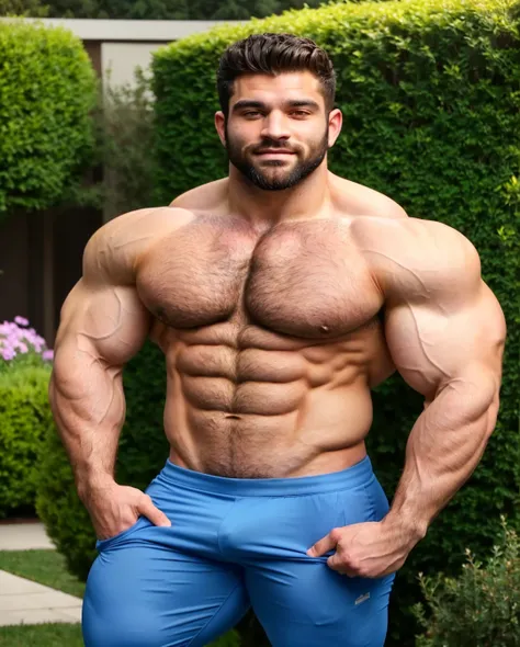 arafed man with a beard and no shirt posing for a picture, muscular male, bulging muscles, big chest, muscular character, muscular body, photorealistic perfect body, muscular men, large muscles, bodybuilder body, hairy torso, partially male hairy torso, se...