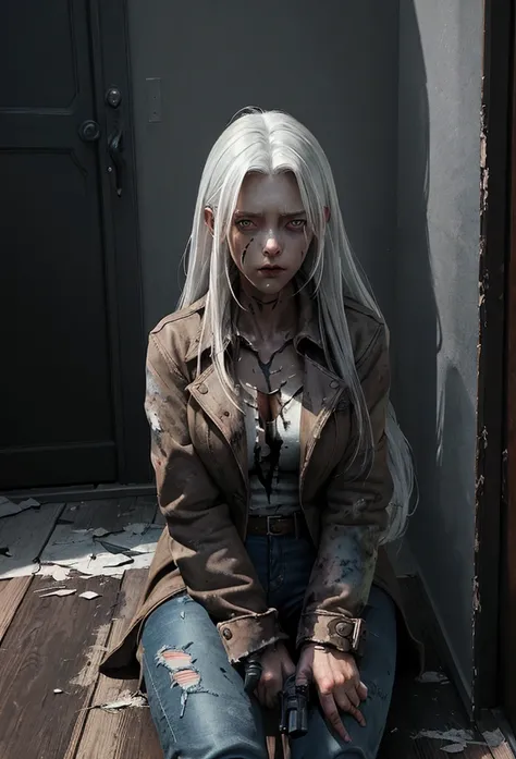 (suspense scene ((CONCEPT ART)), extremely detailed with a girl wearing jeans with brown coat and boots), (better lighting, better shadow, an extremely delicate and scary), (digital illustration), ((4k painting)), [(dynamic angle,((1girl)),white hair, (bea...