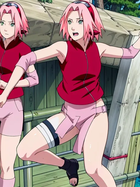 Sakura Haruno nude,wide hips,abdomen,sexy ,Show your armpits,jump,On the tree,IPST, naked,Torn shirt,blushing,sexually aroused, In the forest,open shirt,nipple,pink nipples,full body