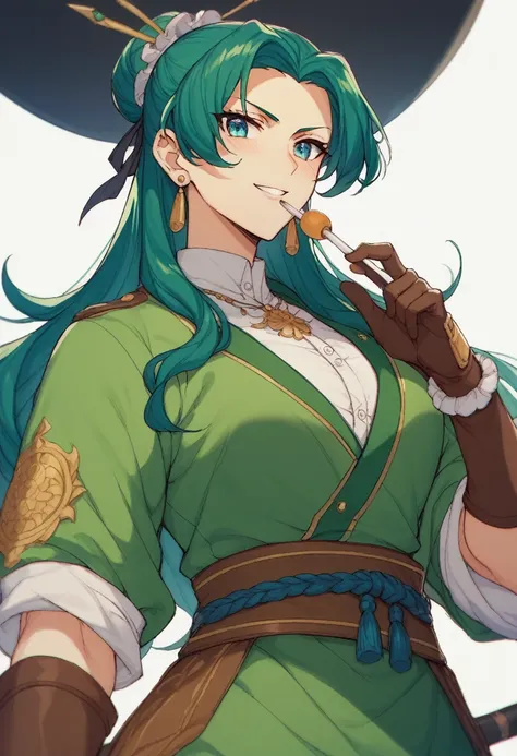 A character in the art style of the anime called "the apothecary diaries". She is a fighter, but wears traditional blue green clothes, her hair are black. (2d) (copy the anime art style)