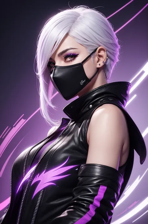 Free fire female character with white hair, black mask, with the name aninha and a purple background