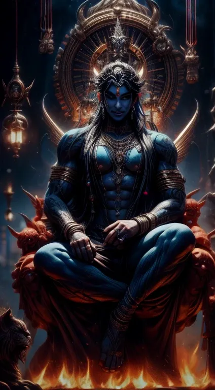 "Create an 8K ultra-realistic and intricately detailed image of Lord Shiva as part of the Holy Trinity in Hinduism known as the Trimurti. Depict Shiva with his iconic third eye on his forehead, holding a trident (Trishula) and seated on a tiger skin. Surro...