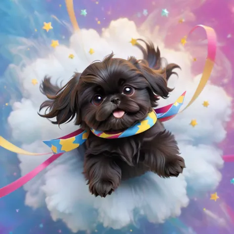 ultra-small deformation,pop art, (from above), a black shih tzu puppy is curling up in the air, glowing cloud background, surrou...