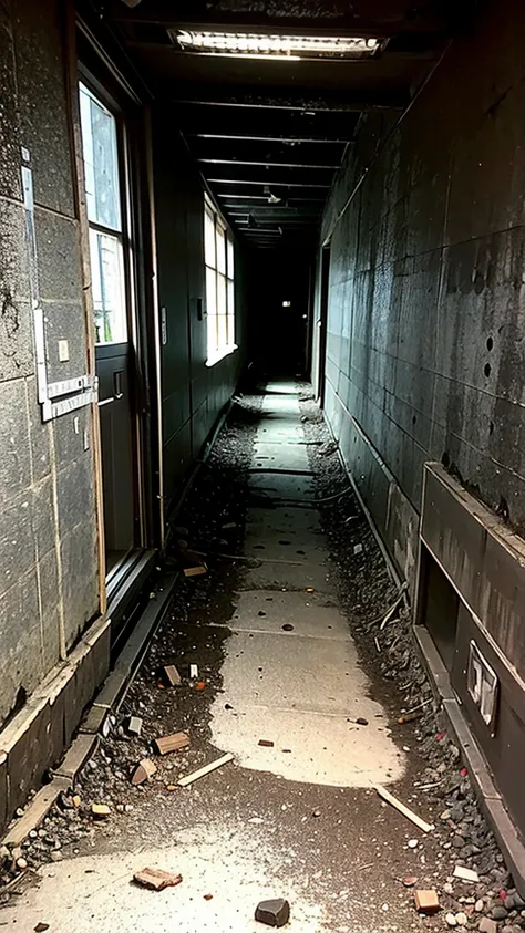 Wide angle of view, abandoned coal mine, scary