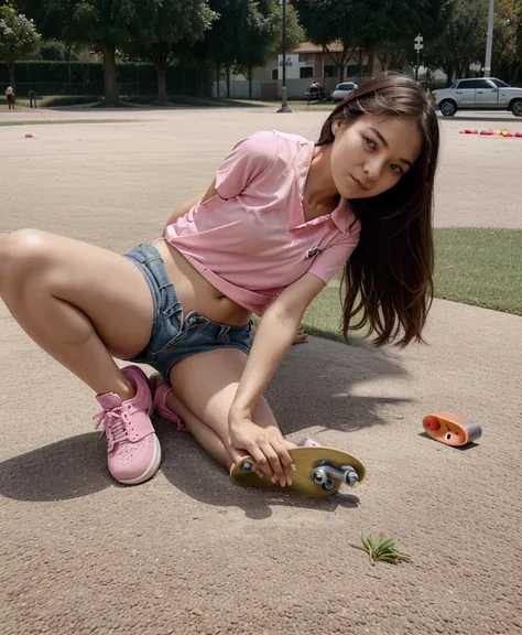 An arafed woman in a pink shirt bends down to pick up a skateboard, in a parking lot, Crawling on the ground, pretty face with arms and legs, stretching legs on the grass, sexy girl with shorts, in a park, deportivo, young and cute girl, sitting on the flo...